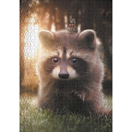 Ulmer Puzzleschmiede - Puzzle "Raccoon is looking for friend" - Loving animal motif as 1000 pieces puzzle - the cute little raccoon houses a butterfly and warm-hearted his paw