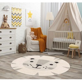 Hauteloom Kids Room, Nursery Round Area Rug - Outdoor Patio Safe - Animal Baby Lion Playroom Carpet - Beige, Gray, Black, Cream - 7'10"