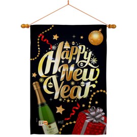 Best New Year House Flag Dowel Set Clock Countdown Champagne Party Fireworks Celebrate Small Decorative Gift Yard Banner Double-Sided Made In USA 28 X 40