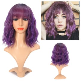 Greenmirr Short Ombre Purple Bob Wavy Wigs with Fringe Brown Root Heat Resistant Synthetic Hair 12 Inches (Ombre Purple)