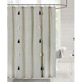 DOSLY IDÉES Black and White Stripe Patchwork Cotton Tassel Shower Curtain for Bathroom,Farmhouse,Country Rustic and Cute Style,72 x 72 in