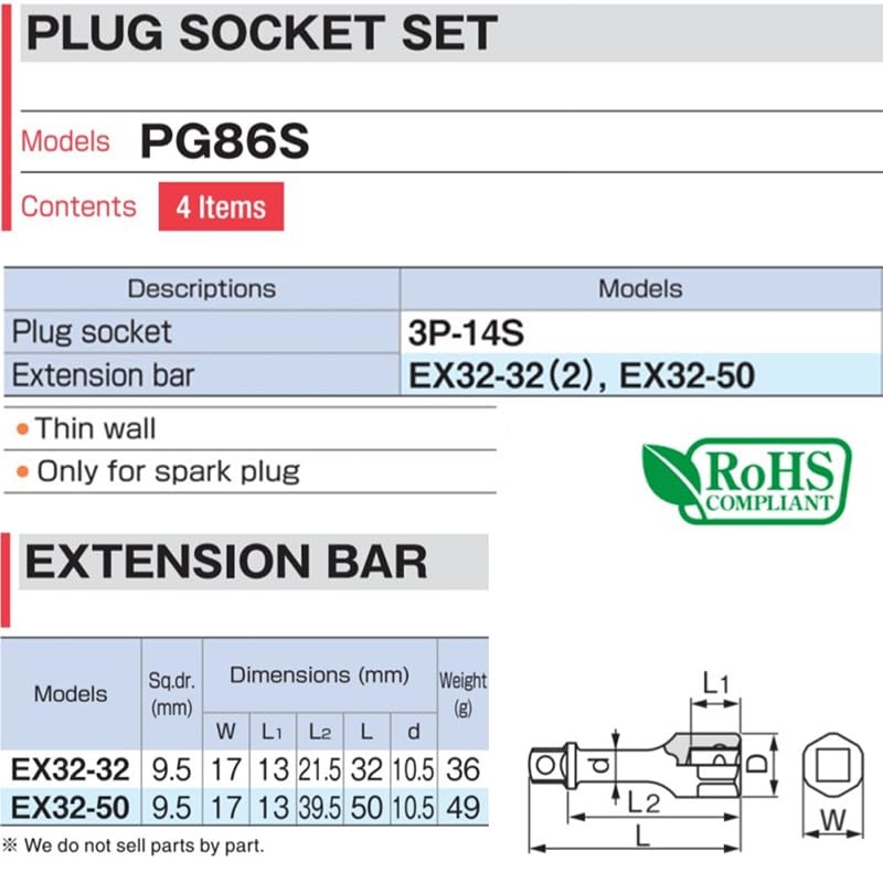 TONE Plug Socket Set PG86S 3/8" Inch Drive 14mm 4-Piece