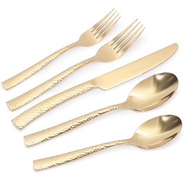 Kikbioee Gold 20-Piece Silverware Set, Hammered Stainless Steel Flatware Set, Forged Cutlery Set Dishwasher Safe, Service for 4