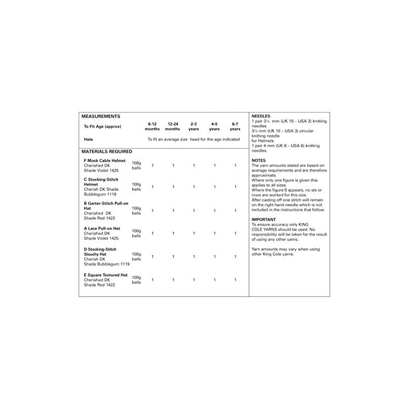 King Cole 4651 Knitting Pattern Babies Childrens Hats in Cherished