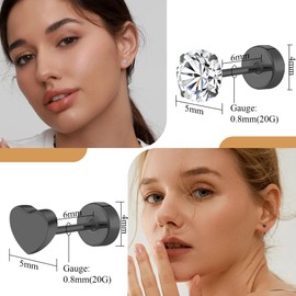 FACOKO Black Heart Zirconium Titanium Earrings 5mm Flat Back Studs Hypoallergenic Grade Titanium Earrings Unisex Minimalist Jewelry Gift Ready (5mm-Black-Heart&CZ)