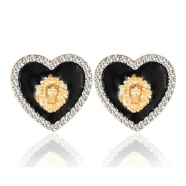 Aononu Basketball Wives Crystal Heart Lion Head Stud Earrings Rhinestone Black Enamel Hip Hop Costume Party Cocktail Jewelry (Gold Color)