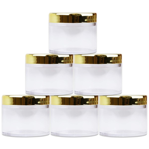 Beauticom® 2 oz./ 60 Grams/ 60 ML (Quantity: 6 Packs) Thick Wall Round Clear Plastic LEAK-PROOF Jars Container with GOLD Lids for Cosmetic, Lip Balm, Lip Gloss, Creams, Lotions, Liquids
