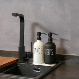 MOMEEMO Kitchen Soap Dispenser Set, Glass Soap Dispenser with Stainless Steel Pump, Contains Dish Soap Dispenser, Hand Soap Dispenser & Tray Suitable for Farmhouse Kitchen Decor. (Black & White)