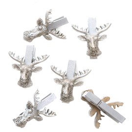 Logbuch-Verlag 6 Silver Stag Head Stag Wooden Pegs Decorative Clips Christmas Packaging 4.5 cm