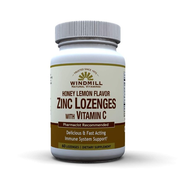 Windmill Health Products Natural Vitamins Zinc Lozenges with Vitamin C Honey Lemon Flavor, Immune System Support, Provides Antioxidant Support, Delicious & Fast Acting, 60 Lozenges, 60 Servings.