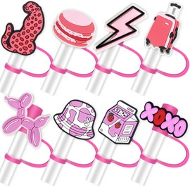 8Pcs Girls Straw Toppers for Tumbles, 10mm Straw Cover Caps Compatible with 30&40 Oz Tumbler with Handle, Drinking Straw Covers Cap for Tumbles Cups Accessories (Preppy)