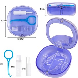 Double-layer Retainer Box Case Orthodontic Teeth Aligner Case with Mirror, Dental Night Mouth Guard Holder with Retainer Remover Tool, Chew and Brush - Secure Magnet Closure - Transparent Blue