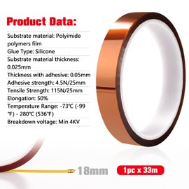 YIXISI 18mmx33m High Temperature Tape, Kapton Tape, Polyimide Tape, Sublimation Tape, Thermal Transfer Tape, for Elecric Products, 3D Printers, Up to 280℃ (536℉)