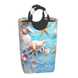 BEITUOLA Beach Wooden Starfish Laundry Basket Seashell Laundry Hamper Blue Collapsible Laundry Baskets with Handle Laundry Bag Dirty Clothes Hamper for Dorm Family Bathroom Decor Storage 50L