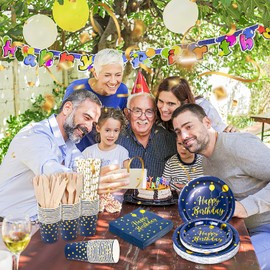 YIMAKJ Party Tableware Set, Birthday Party Tableware, Paper Plates Children's Birthday Set for Parties, Birthday, Wedding Party, Anniversaries, Graduation, Elegant Dark Blue Party Plates for 20 Guests