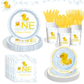 168Pcs Duck Birthday Party Supplies - Cartoon Yellow Duck Paper Plates & Napkins Set, 9’’ & 7’’ Disposable Tableware with Forks Spoons Knives for Kids Baby Shower Gender Reveal Favors (24 Guests)