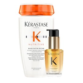 KÉRASTASE SET Shampoo Nutritive Bain Satin Riche 250 ml + Elixir Ultime formato travel size 30 ml |Nutre profundamente el cabello y aporta brillo intenso