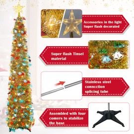 Pop Up Christmas Tree, 150cm/5ft Collapsible Artificial Tinsel Xmas Tree with LED Light/Star Dome Light for Xmas Home Party Indoor Outdoor Decor (Golden)