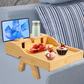 ZibugZag Couch Cup Holder Tray - Sofa Arm Tray with 360° Rotating Cell Phone Holder, Anti-Slip Couch Arm Rest Table, Natural Bamboo Clip-On Side Table for Eating, Snacks, Drinks, Remote, Cups