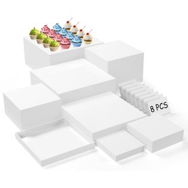 SUNEZLGO 8PCS Buffet Risers, Acrylic Large Food Risers with Mini Signs, Buffet Table Acrylic Cube Display Stands Box Risers for Party Catering Dessert Jewelry Nesting Risers with Hollow Bottom White