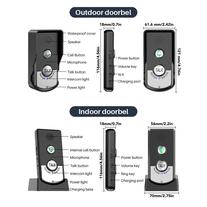 2 Way Voice Intercom IP54 Waterproof Wireless Intercom Doorbells System