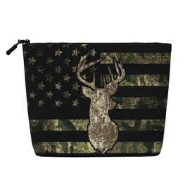 MOLAIGIN Camo Camouflage Hunting Deer American Flag Cosmetic Bag For Women, Travel Makeup Bag, Toiletry Zipper Bag, Large Capacity Aesthetic Cases
