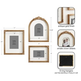 Kate and Laurel Arendahl Three-Piece Picture Frame Set, Antique Gold, Set of 3, Varying Sizes, Vintage Rectangle and Arched Photo Frame Set for Use as Gallery Wall Frames