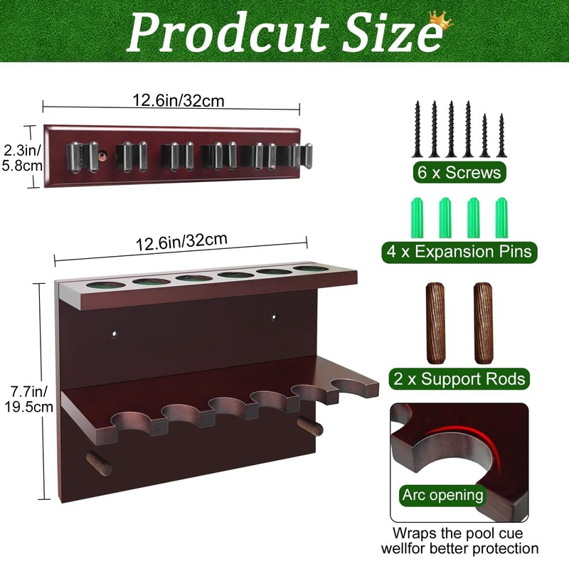 Pool Stick Holder Wall Mount,Hardwood Billiards Pool Cue Rack, Pool