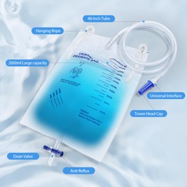 5 Pack 2000ml Urine Drainage Bag with 48" Kink Resistant Tube and Lanyard, Anti-Reflux Design, Leak-Proof, Soft PVC, Easy to Use for Home