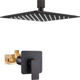 Heyalan Shower Faucet Set Square Stainless Steel Bathroom Rainfall Shower System One Handle Single Function Shower Trim Kit with Rough-in Valve Male Thread,Ceiling Mount,10 Inch,Oil Rubbed Bronze
