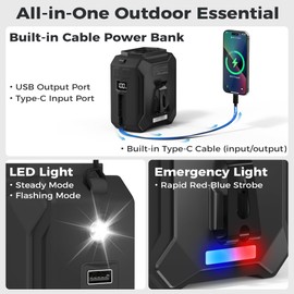 Portable Waist Fan with Built-in Charging Cable, 10000mAh Rechargeable Battery, 3 Speeds Up to 25H Cooling, LED＆Emergency Light, Personal Wearable Fan Clip on Belt for Outdoor Camping Travel Jobsite