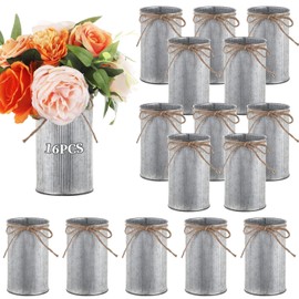 16 PCS Galvanized Flower Vases, 4.33in Rustic Galvanized Iron Vase with Twine Bowknot, Small Farmhouse Metal Vase with Non-Slip Stripes