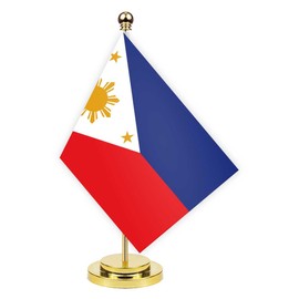 Philippines Desk Flag,12 inch Tall Small Filipinos Indoor Banner,Tiny Printing Decor For Office Home Table Meeting With Golden Metal Pole Base