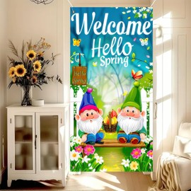 BlissYard Spring Door Banner Door Cover 70x35 Door Covers Decorative Vibrant Gnome Welcome Sign Spring Backdrop Front Door Decorationsfor Front Door, Porch, and Outdoor Springtime Décor