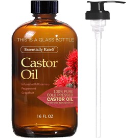 Essentially KateS Castor Oil 16 Fl Oz (Glass Bottle) - Rosemary Peppermint Grapefruit Infusion - A Huge Glass Bottle with a Pump - 100% Pure and Natural, Cold Pressed, and Hexane-Free - Hair Oil, Body Oil