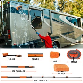 Buyplus 18FT Reach Car Wash Brush with Long Handle - Car Cleaning Kit with 3-12FT Extension Pole, Wheel Brush, Microfiber Cleaning Mop, Mitt, Window Squeegee for RV Truck SUV Boat Solar Pane Washing