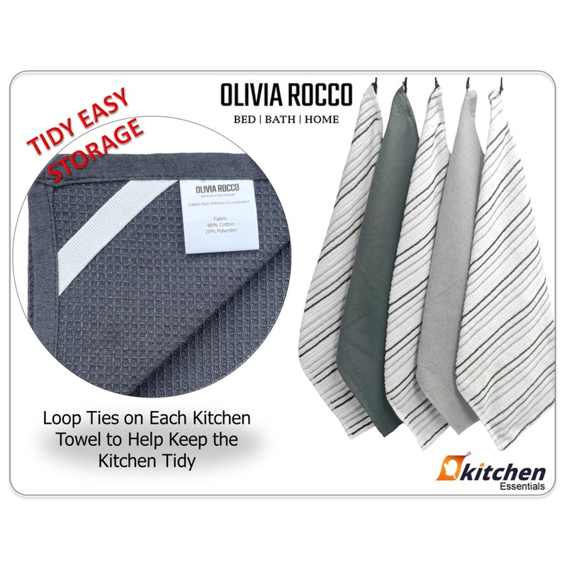 Olivia Rocco 5 Pack Striped Kitchen Tea Towels Cotton Super