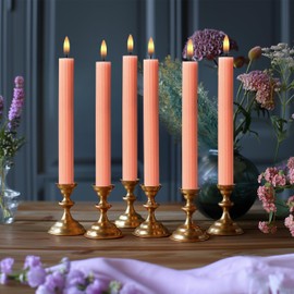 West Ivory 6 Pack, 10" LED Flameless Pink Peach Fluted Ribbed Grooved Taper Candles, Remote & 24h Timer Memory, On/Off Button, Dimmable, Flicker Mode, Battery Operated, Christmas Menorah Wedding