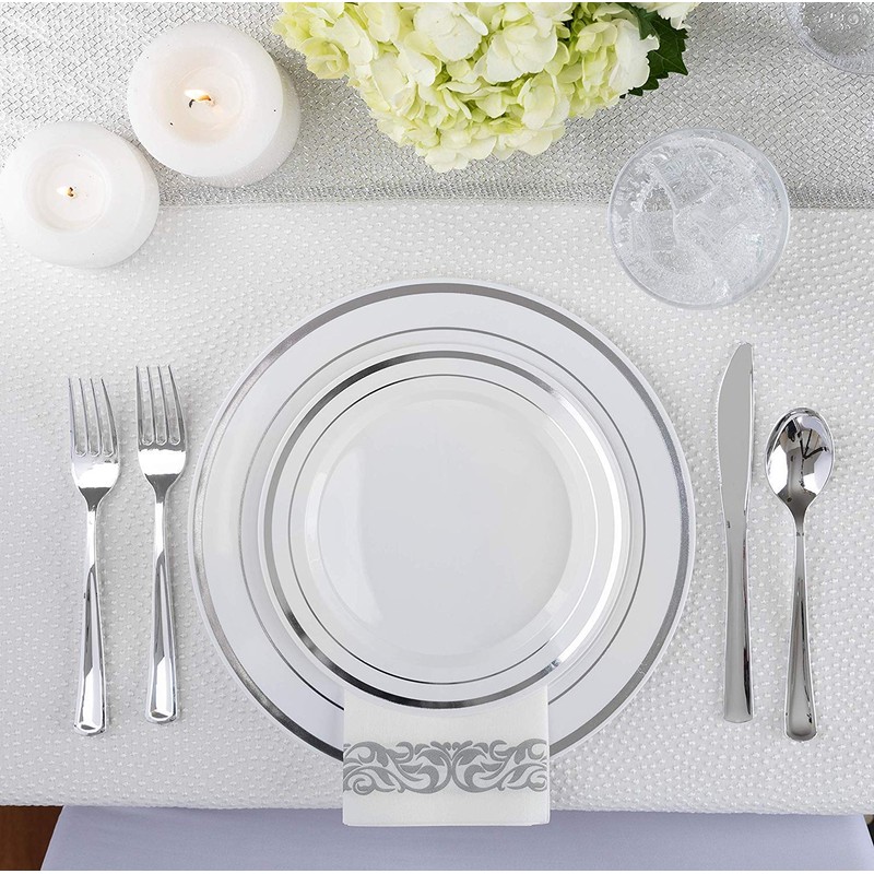 Stock Your Home 125-Piece White and Silver Fancy Plastic Plates