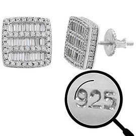 Real Solid 925 Sterling Silver - Men's Square Baguette Earrings - Iced CZ 10mm Earrings Screw Backs - Flooded Out Hip Hop Aretes Para Hombre