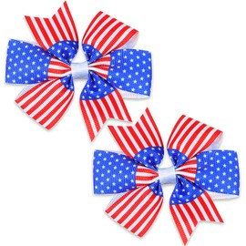Doneace 4th of July Hair Bows Clips for Kids Girls American Flag Hair Bow Hair Clips Patriotic Stars and Stripes Hairpins Hand-Made Grosgrain Ribbon Hair Bows Alligator Clips for Independence Day 2Pcs