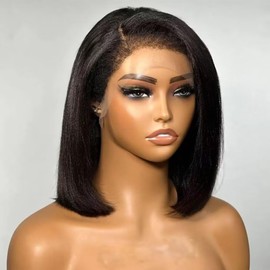 HD Lace Light Yaki Bob Human Hair Wig Brazilian Hair Kinky Straight Human Hair with Curly Baby Hair Glueless Wig 13x6 Transparent Lace Front Wig Natural Color Remy Hair 150% Density 12inch