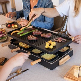 Boska Raclette Party – Tabletop Grill Set for 8 People – PFAS-Free – Ceramic Grill Plate – Beechwood Handles – Reversible Aluminum Griddle – Black