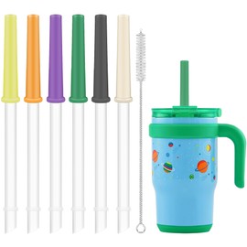 Replacement Straw Set Compatible with Reduce Kids Tumbler, Straw Replacement for Reduce Tumbler 14 oz Coldee, 6 Pack Straw Replacement & 1 Pack Cleaning Brush, Reusable, Spill-Proof (Dark）