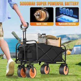 Electric Utility Wagon Cart, Rechargeable Electric Collapsible Folding Wagon, Large Capacity Utility Grocery Wagon with Roll Folding Table for Camping Garden Sports Shopping (Black)