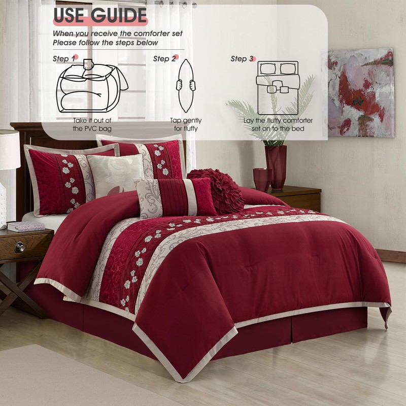 Wine Comforter Set King Size, 7 Piece Bedding Set for