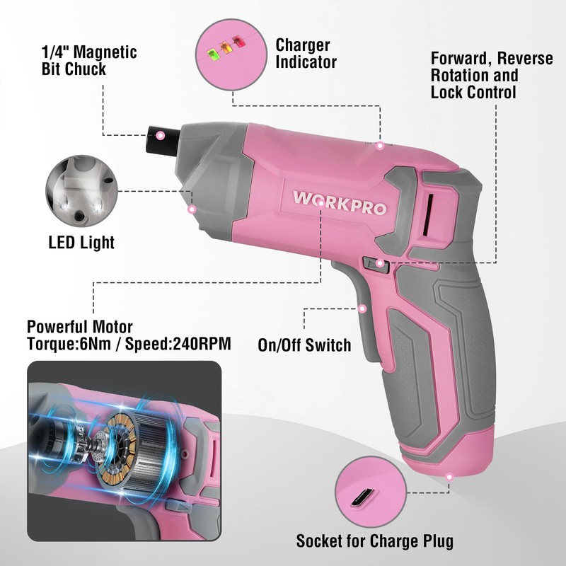 WORKPRO Pink Cordless Screwdriver Set, 3.6V Electric Rechargeable Eccentric Power