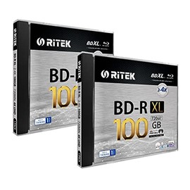 2 Pack Ritek BD-R XL BDXL 100GB Triple Layers 4X White Inkjet Hub Printable Blank Disc w/Standard Jewel Case BDR1004-RTKIWN1JC