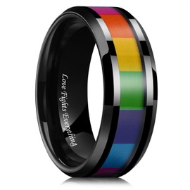 King Will Tungsten Carbide Wedding Band for Men - 8mm Black Plated High Polished Inlay Rainbow Sticker Rings for Weddding Engagement Comfort Fit 9.5