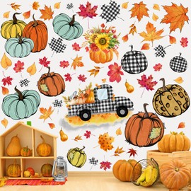 Chivertion 6 Sheets 42 Pcs Fall Pumpkin Wall Sticker Thanksgiving Autumn Harvest Wall Decals Colorful Pumpkin Sunflower Truck Leaves Window Clings for Home Living Room Bedroom Kitchen Decorations